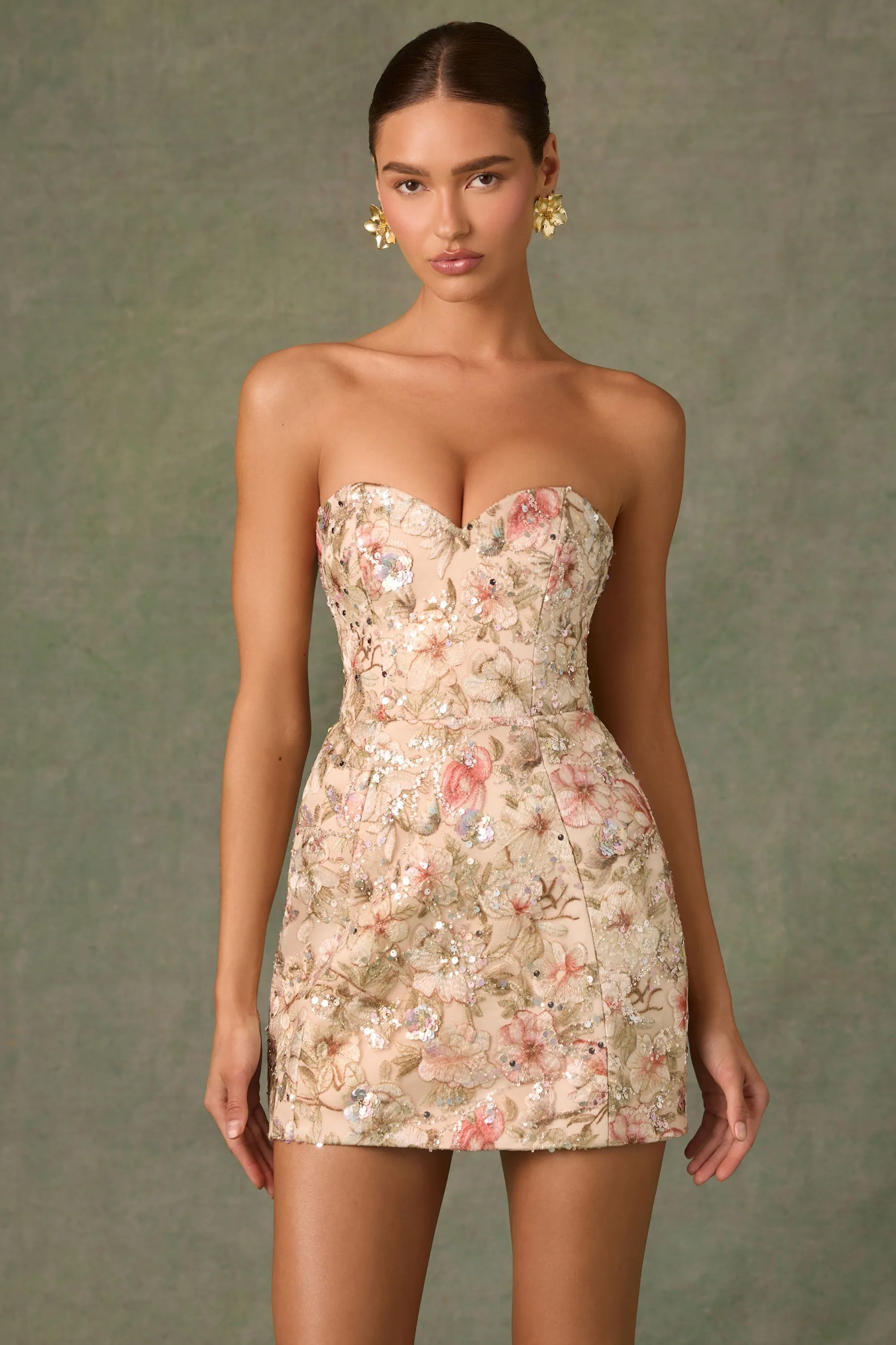 Chic Layer Embellished Strapless A-Line Mini Dress in Floral Beige
