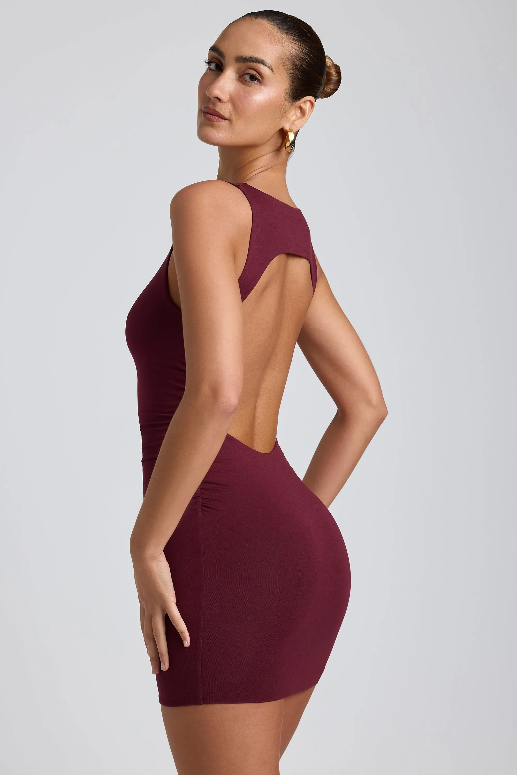 Modal High-Neck Open-Back Mini Dress in Plum Edge Star