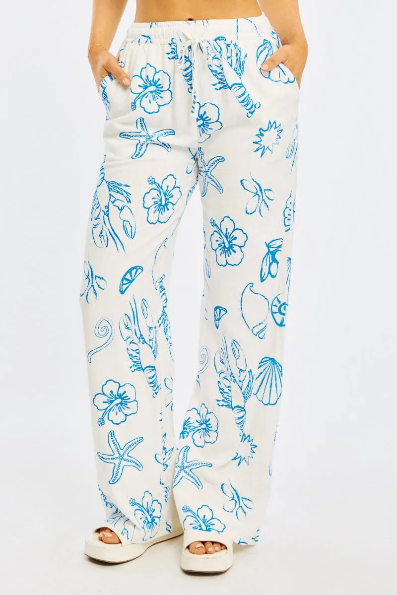 Formal Look Blue Abstract Wide Leg Pants Elasticated Waist