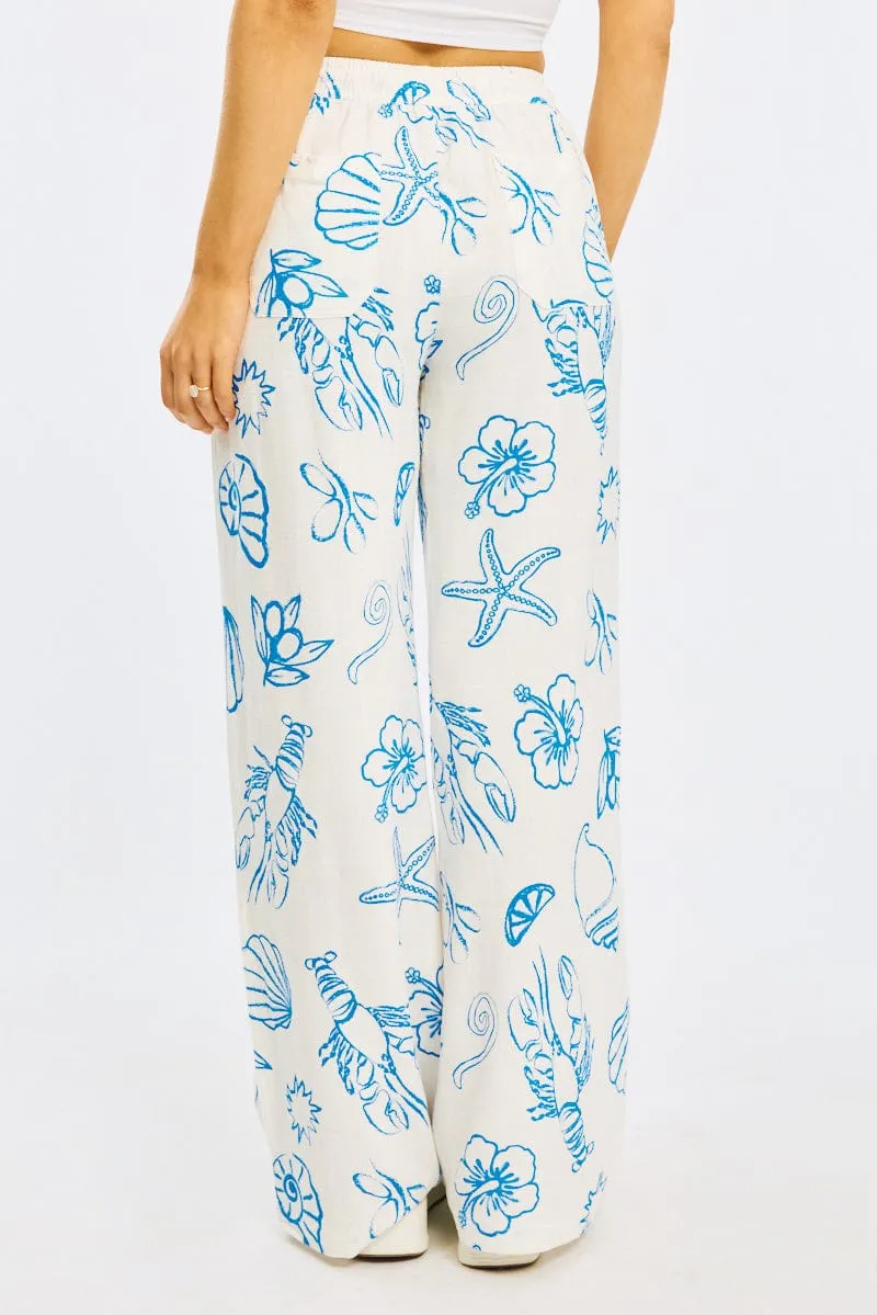 Blue Abstract Wide Leg Pants Elasticated Waist Anti Static Fabric