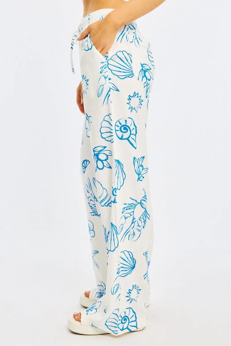Stylish Waistband Blue Abstract Wide Leg Pants Elasticated Waist
