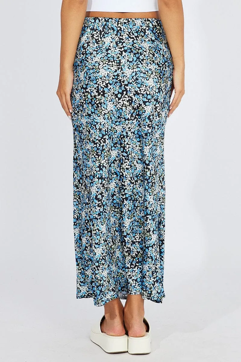 Resort Vacation Couture Inspired Blue Ditsy Slip Skirt Maxi