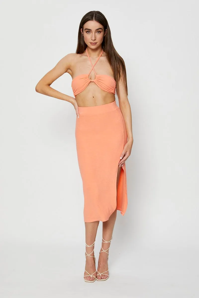 High Shine Orange Ribbed Maxi Skirt