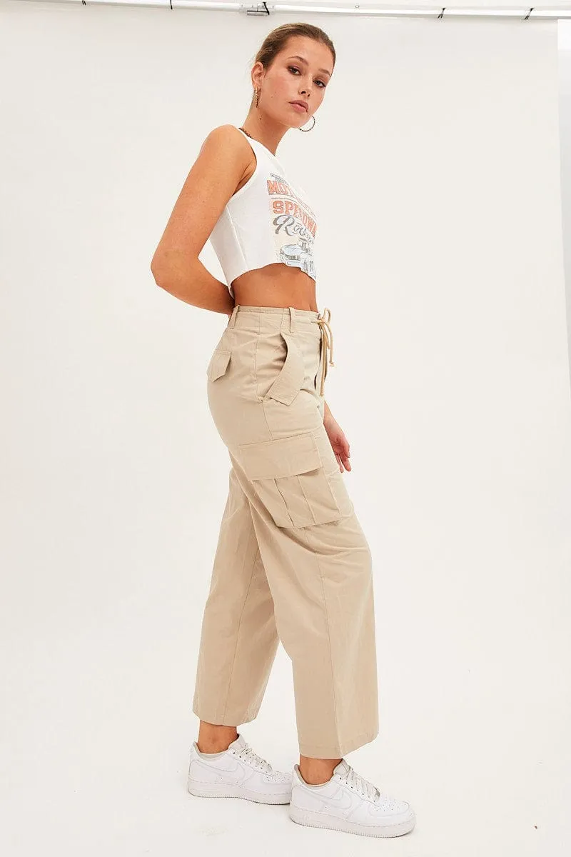 Beige Cargo Pants Relaxed Wide Leg Stain Release Finish Mesh Lined