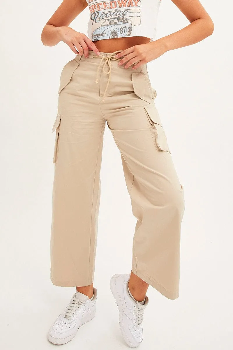 Feminine Cut Work Ready Beige Cargo Pants Relaxed Wide Leg