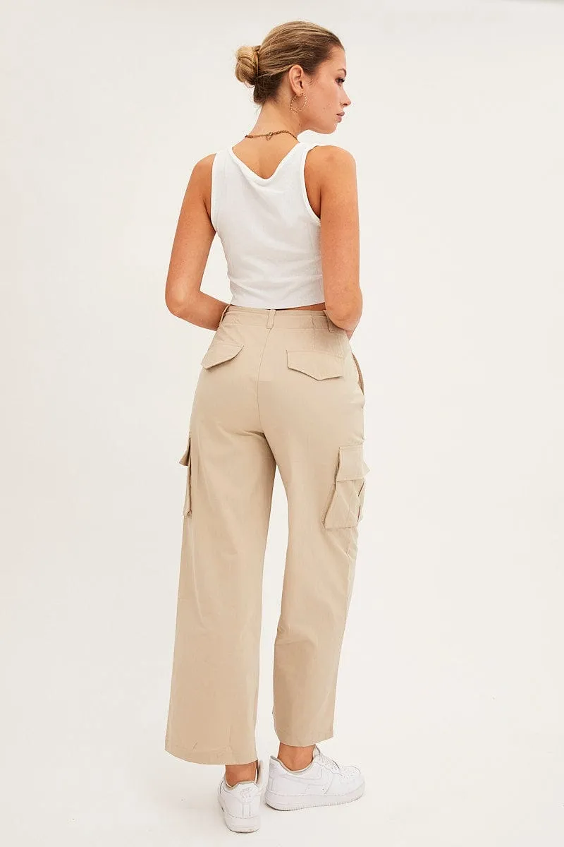 Flexible Use Cropped hem Beige Cargo Pants Relaxed Wide Leg