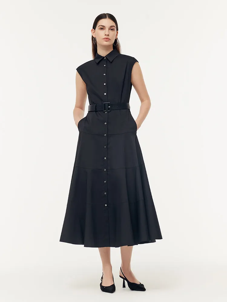 Gathered Waist Cap Sleeve Women Maxi Dress With Leather Belt Clean Cut