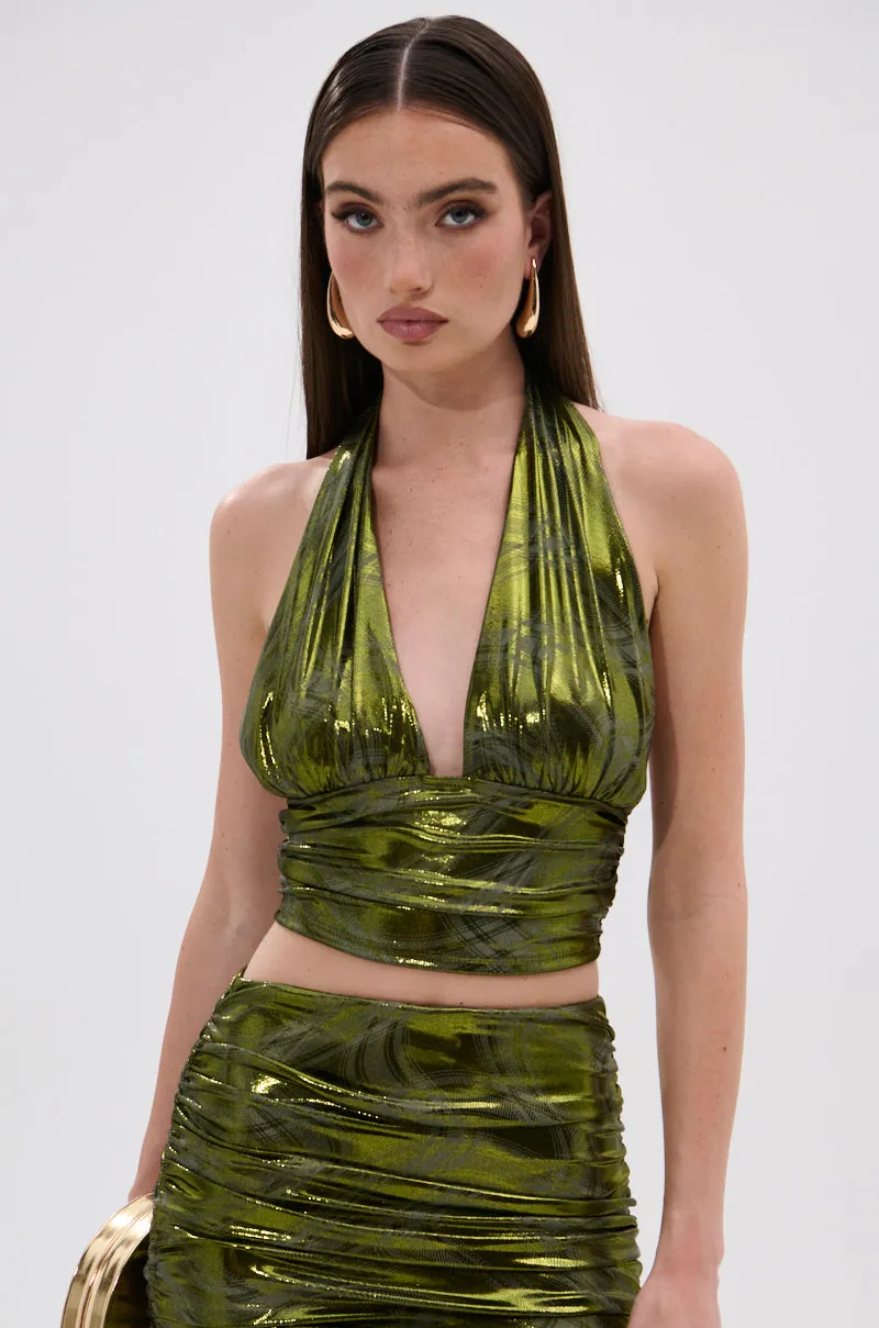 Anti Static Material TAYLOR METALLIC HALTER TOP IN GREEN