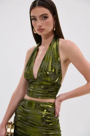 disaster relief Outdoor Fit TAYLOR METALLIC HALTER TOP IN GREEN