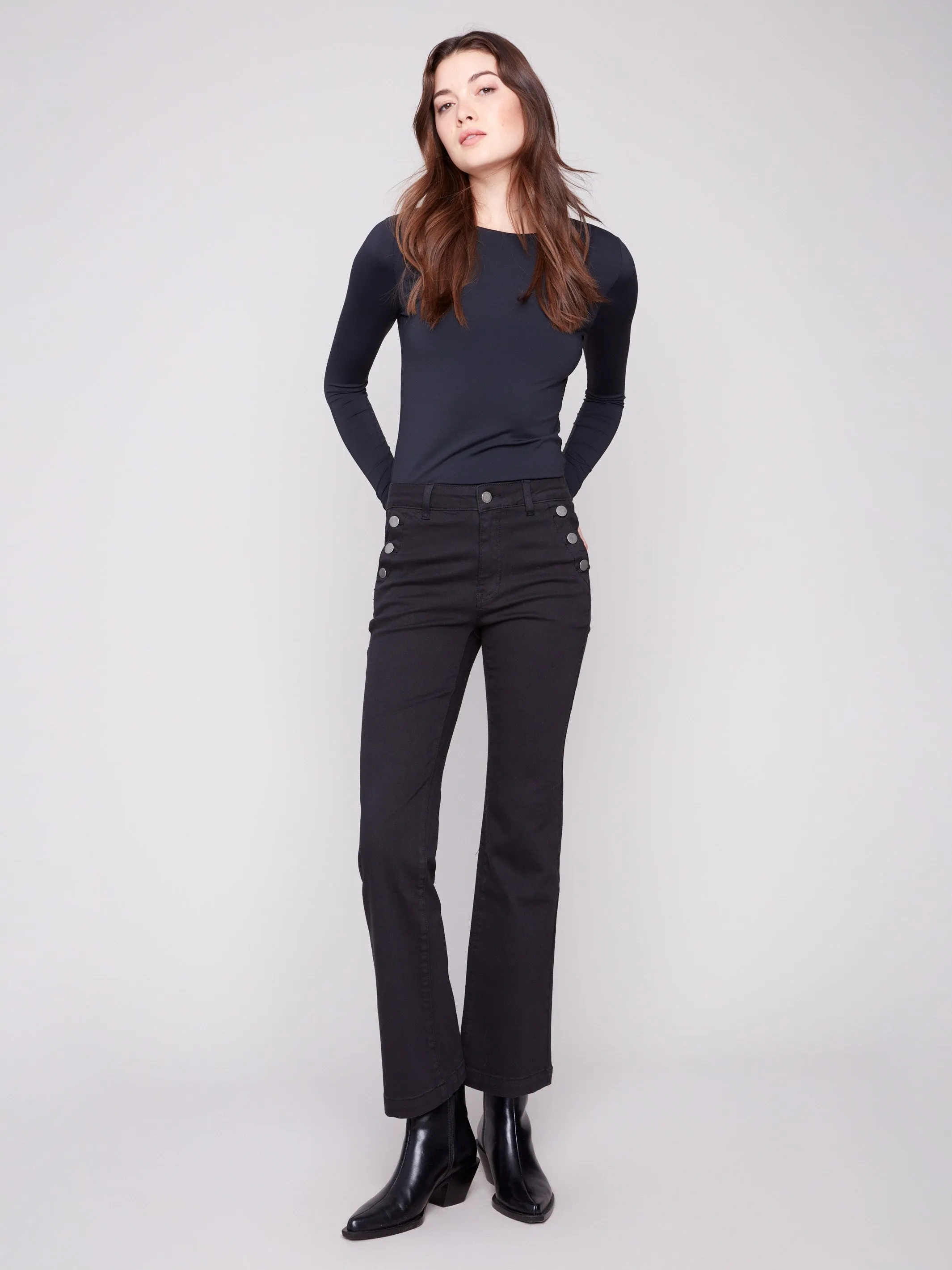Subtle Look Flare Leg Stretch Twill Pants With Buttons - Black