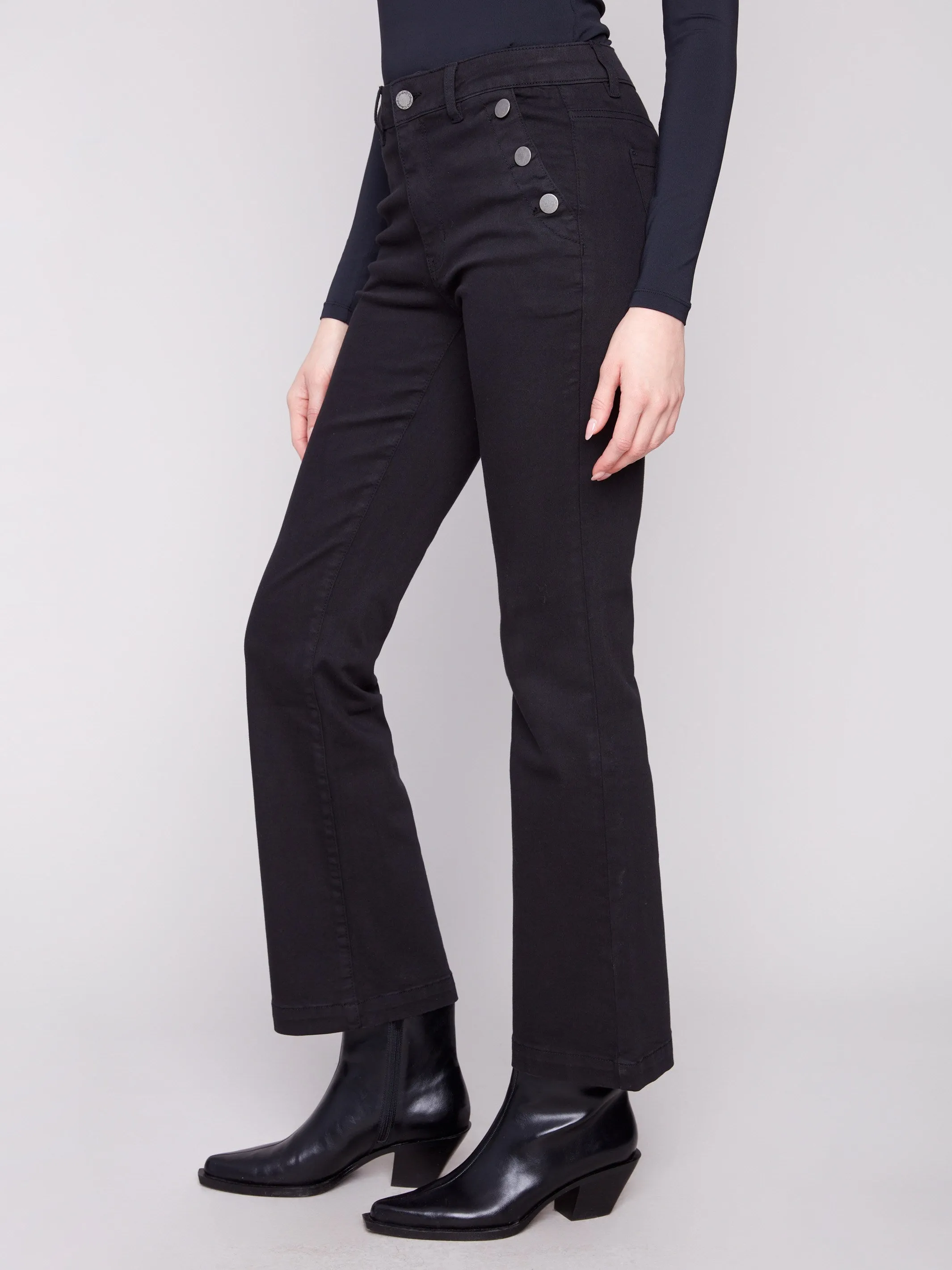 Stain Release Finish Morning Stroll Professional Wear Brunch Outfit Flare Leg Stretch Twill Pants With Buttons - Black