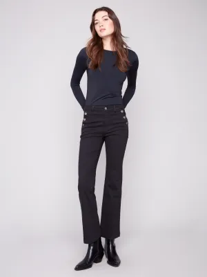Subtle Look Flare Leg Stretch Twill Pants With Buttons - Black