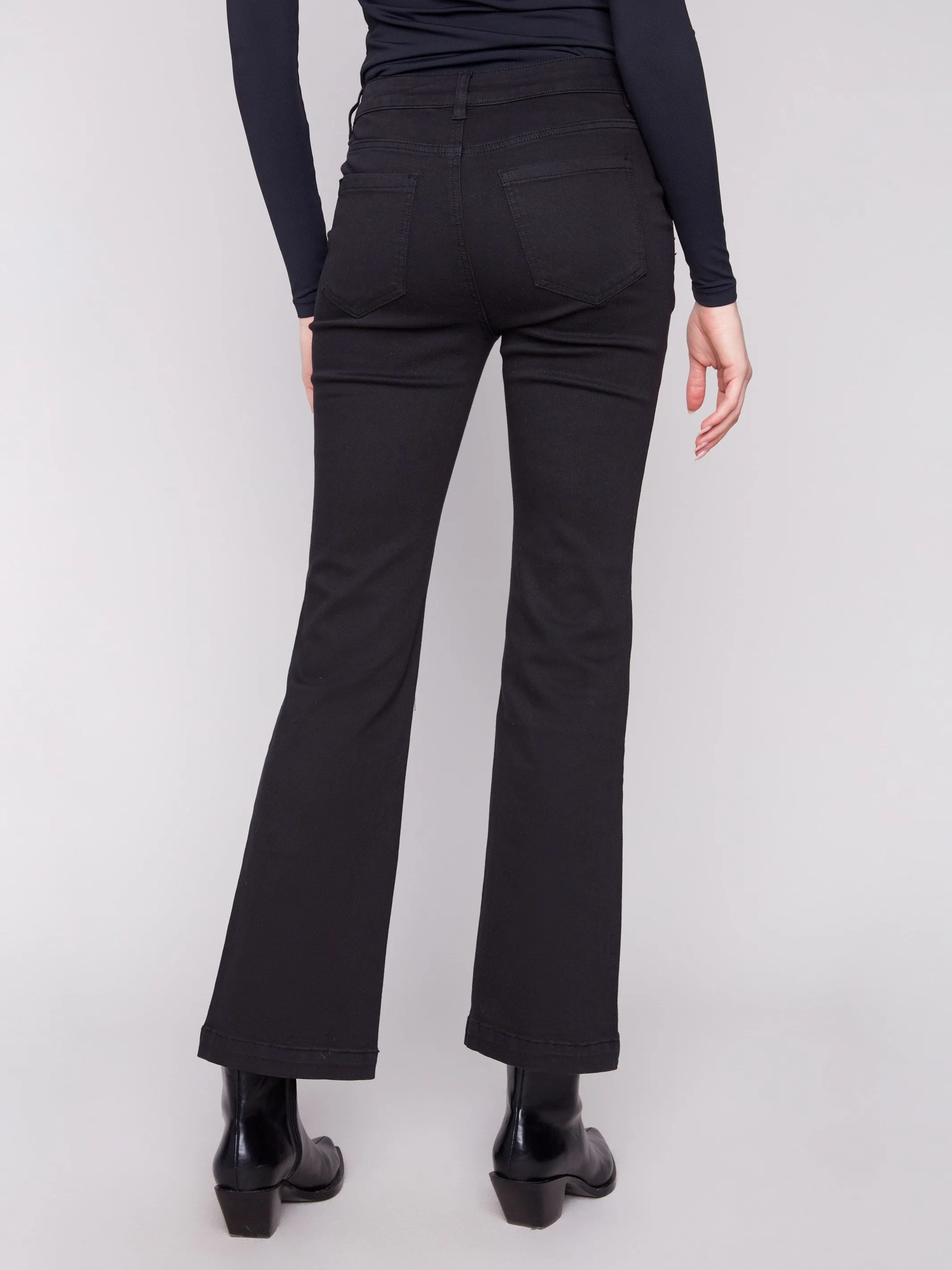 Flare Leg Stretch Twill Pants With Buttons - Black Soft Touch All-Purpose Use