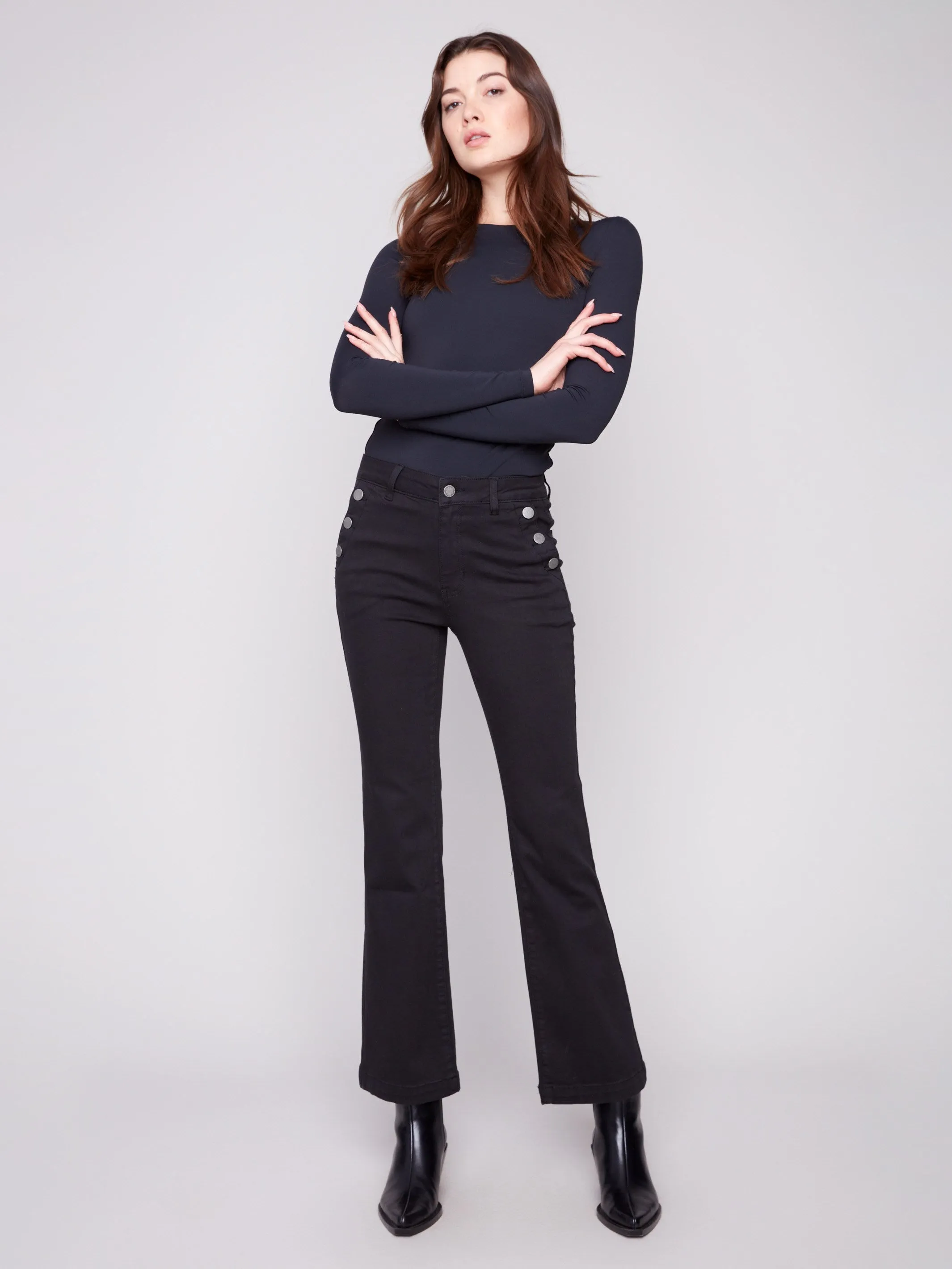 Casual Wear Flare Leg Stretch Twill Pants With Buttons - Black