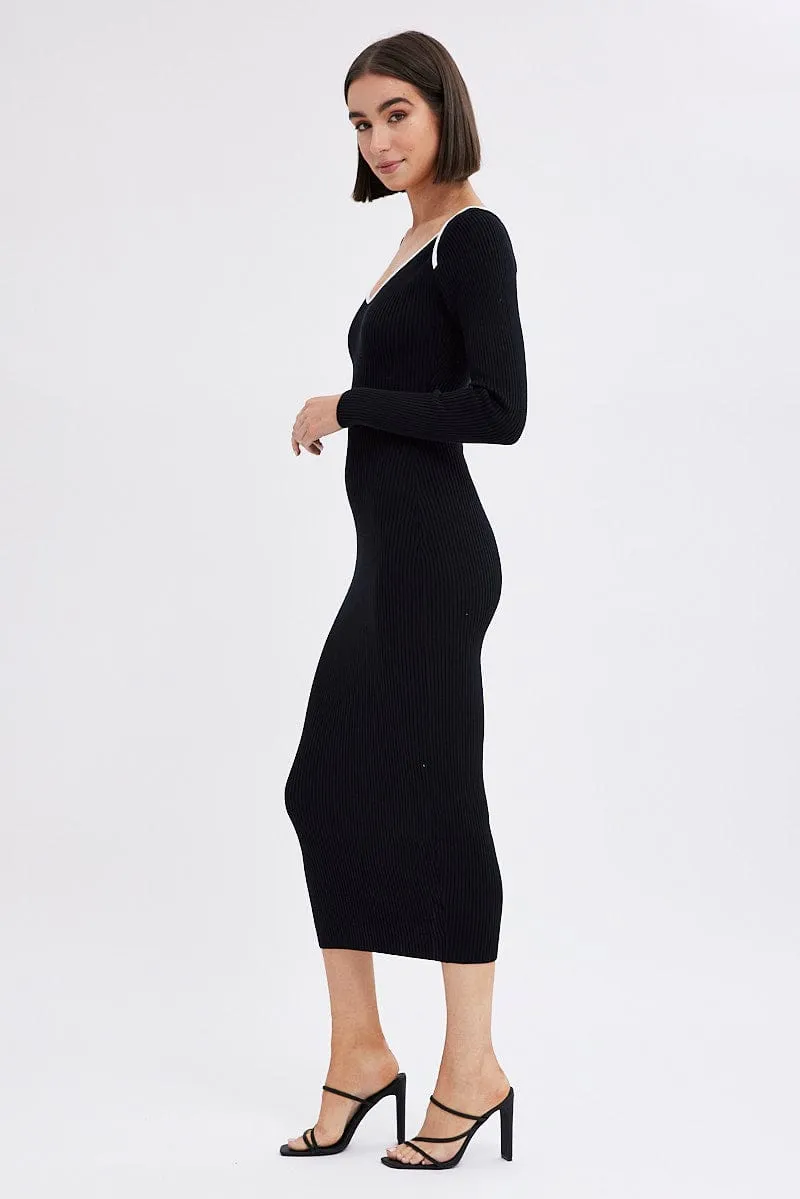 Theatre Time Black Midi Dress Long Sleeve Sweetheart Contrast Bind