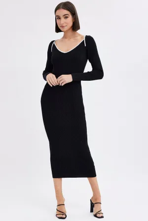 Dreamy Feel Black Midi Dress Long Sleeve Sweetheart Contrast Bind
