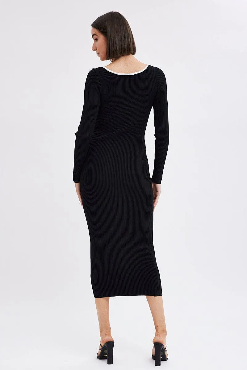 Trendy Wardrobe Versatile event piece Black Midi Dress Long Sleeve Sweetheart Contrast Bind
