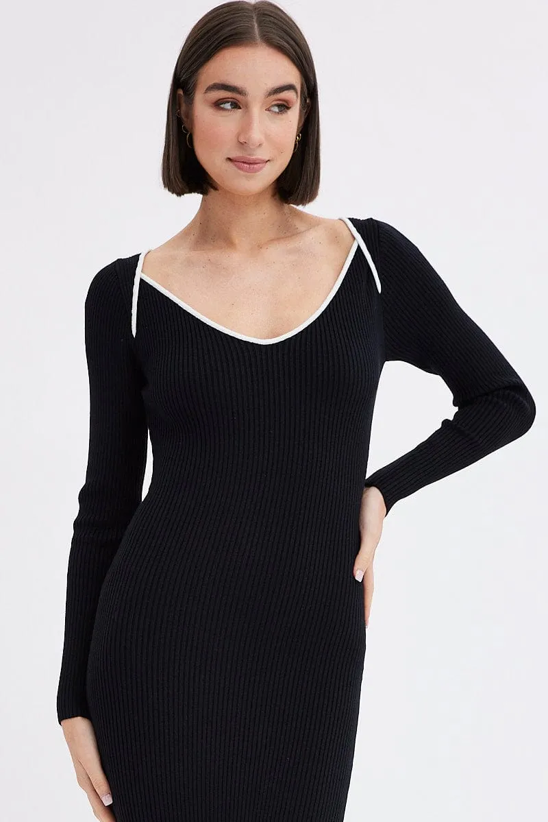 family gathering Black Midi Dress Long Sleeve Sweetheart Contrast Bind
