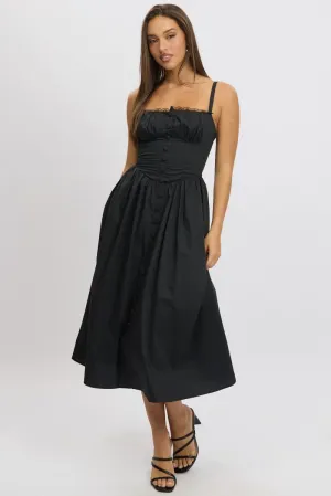 Black Midi Dress Lace Trim Corset Detail Poplin Contemporary Look