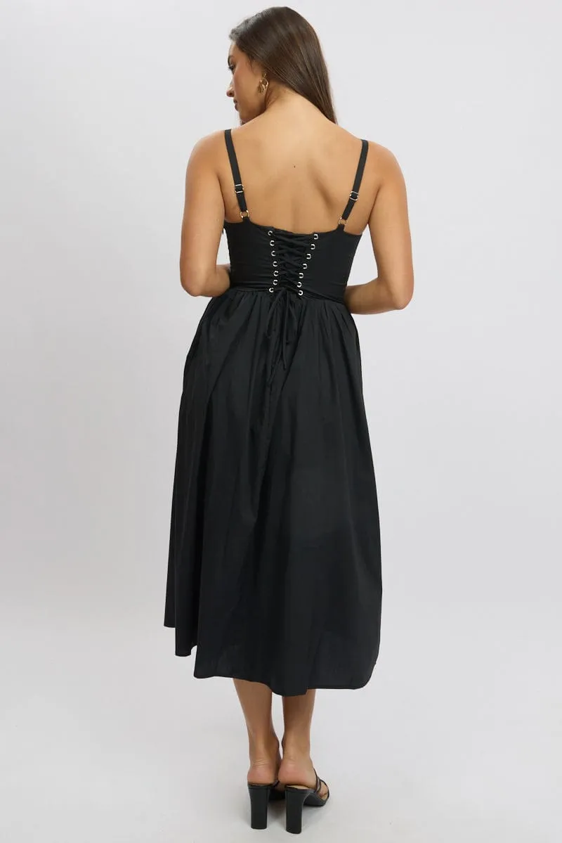 Versatile Wear Black Midi Dress Lace Trim Corset Detail Poplin