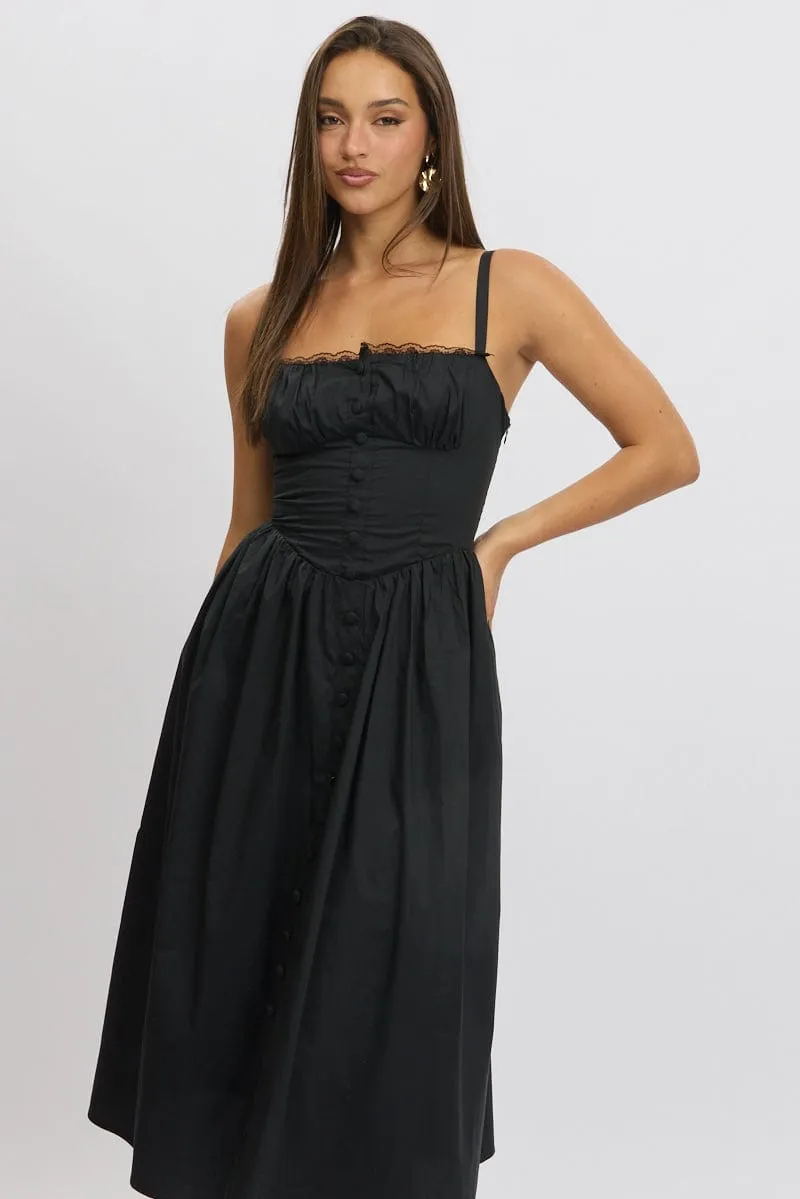 Brass Light Fun floral midi gown Black Midi Dress Lace Trim Corset Detail Poplin