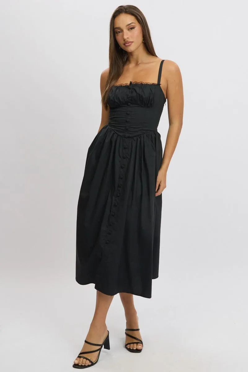 Glam Lady Classic Smart Black Midi Dress Lace Trim Corset Detail Poplin