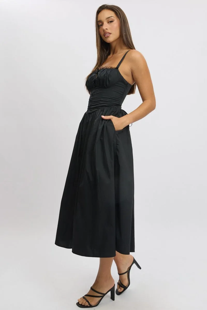 Black Midi Dress Lace Trim Corset Detail Poplin Sunrise Feel Italian Flair