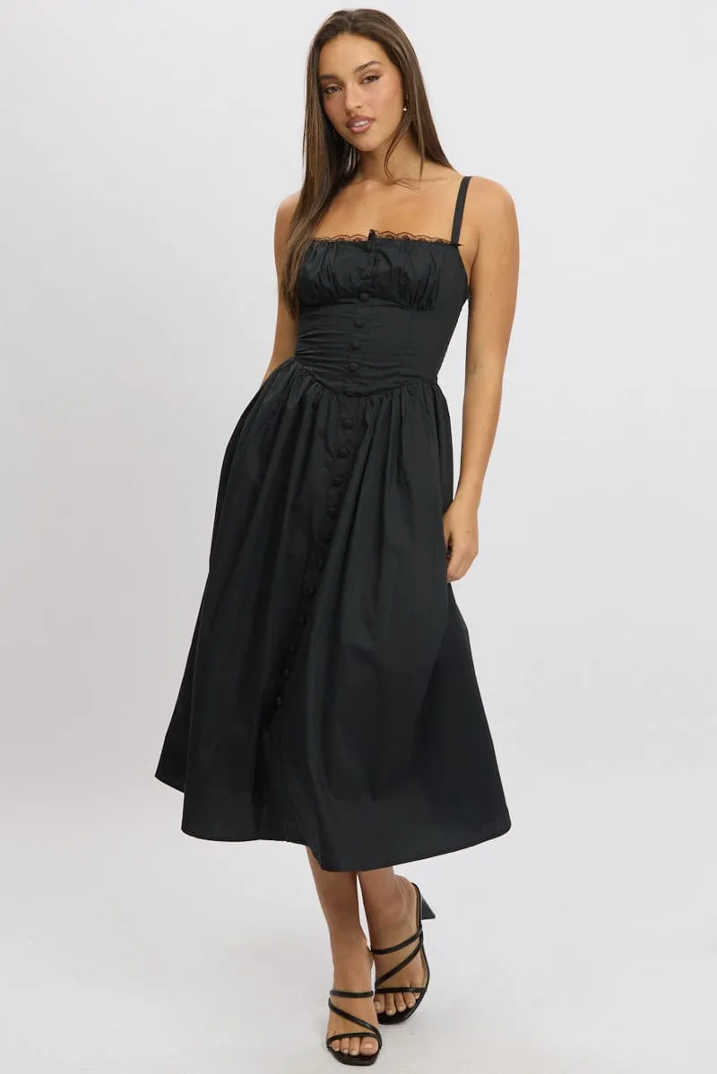 Black Midi Dress Lace Trim Corset Detail Poplin Contemporary Look