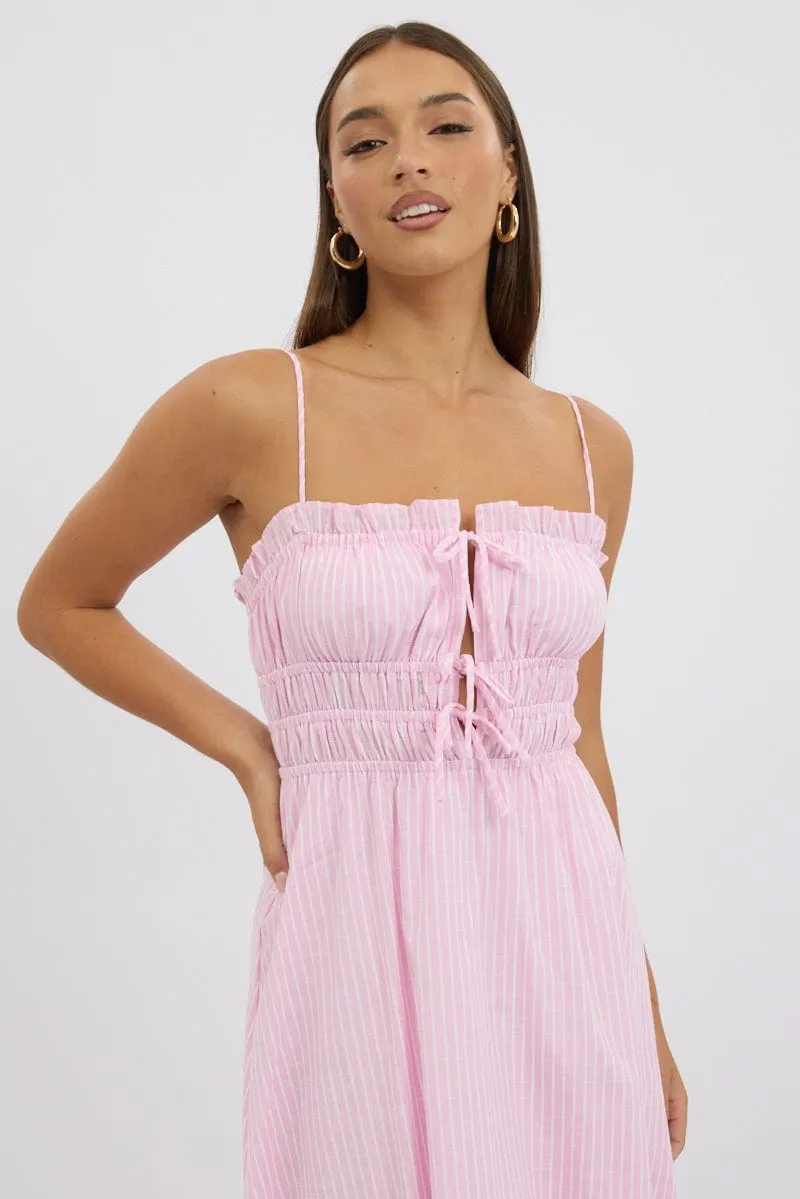 Cozy Wrap Glass Glow Pink Stripe Midi Dress Ribbon Detail Strappy