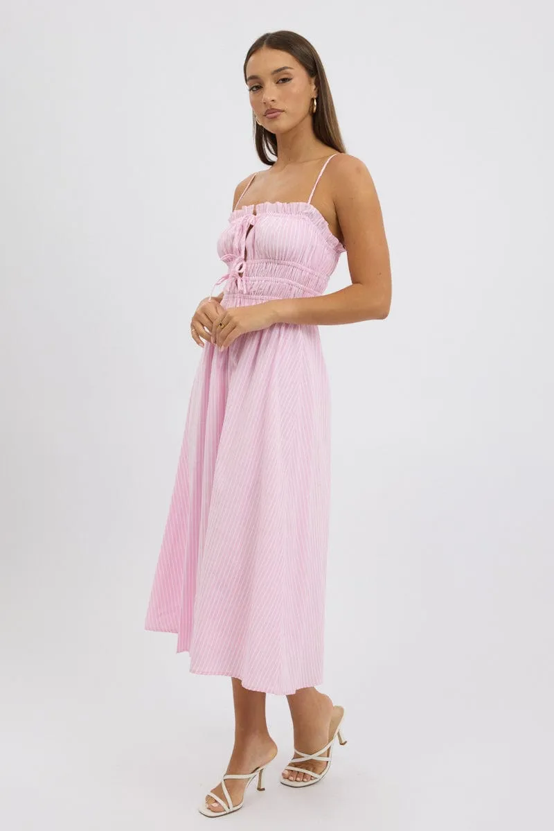 Trendy Fashion Wrinkle Resistant Pink Stripe Midi Dress Ribbon Detail Strappy