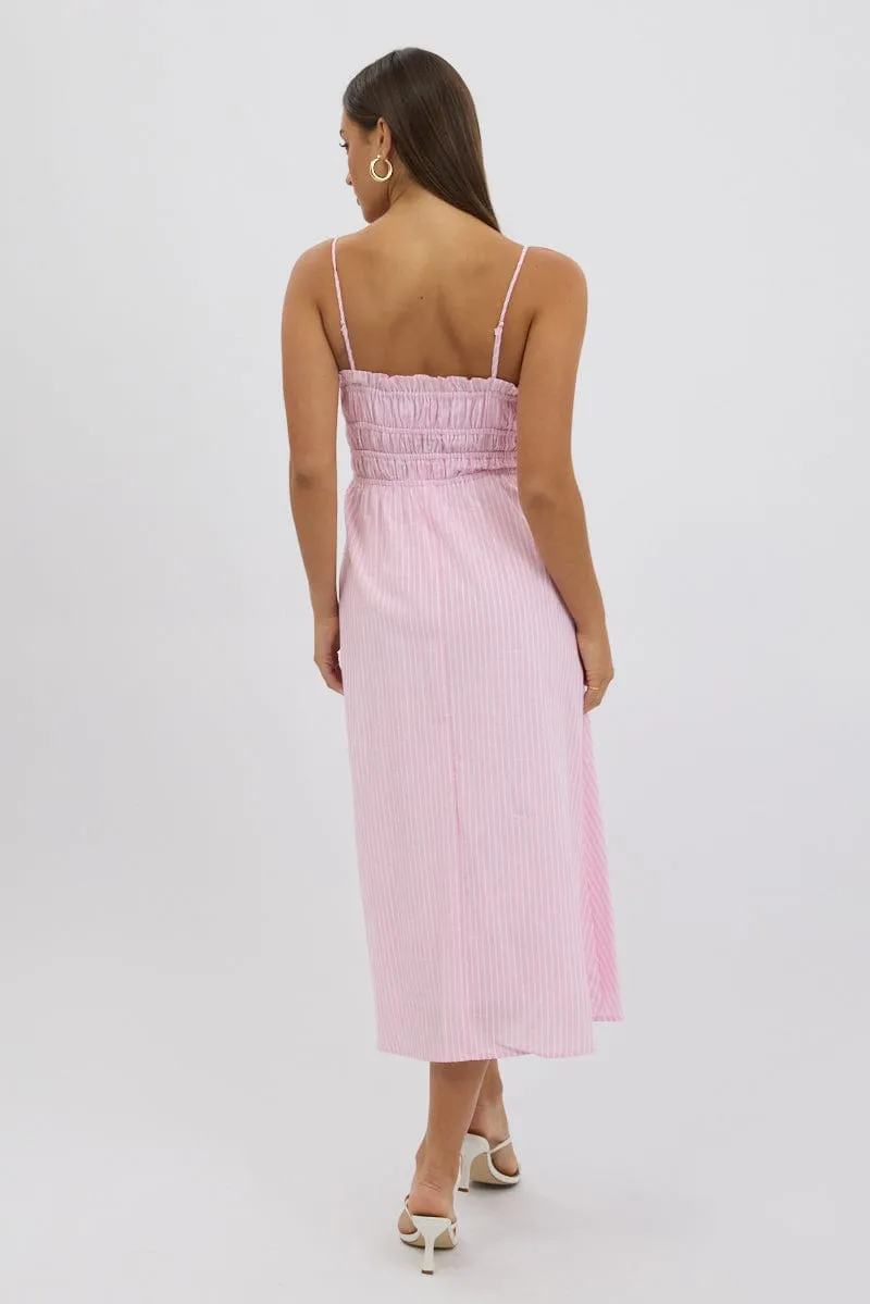 Pink Stripe Midi Dress Ribbon Detail Strappy Sleek Silhouette Castle Gate