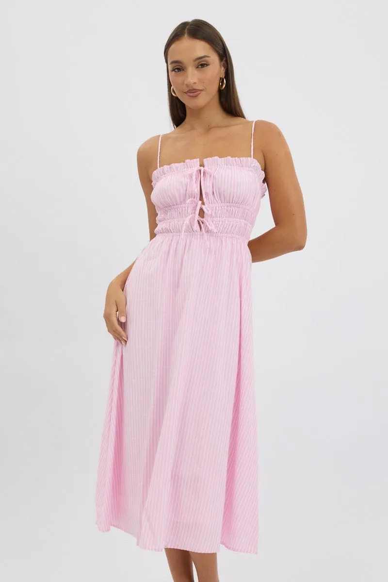 Pink Stripe Midi Dress Ribbon Detail Strappy Vintage Lover Any Day Wear