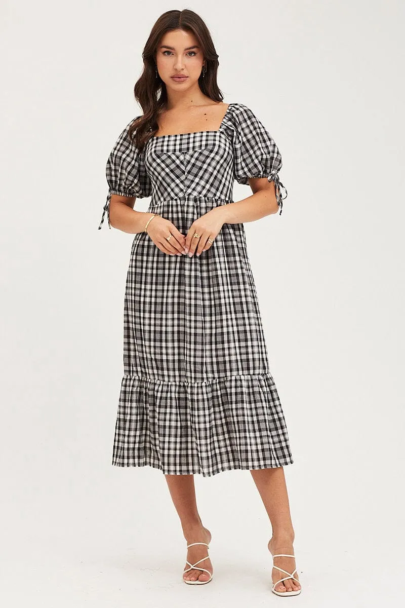Busy Mom Street Minimal Check Midi Dress Short Sleeve Evening