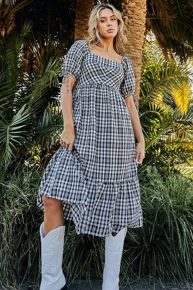 Comfy chic Check Midi Dress Short Sleeve Evening
