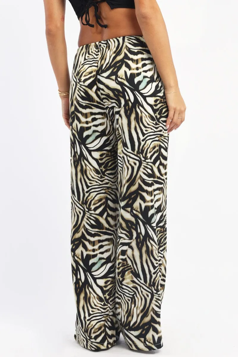 Black Animal Print Wide Leg Pants High Rise AdjustableTabs Dynamic Motion