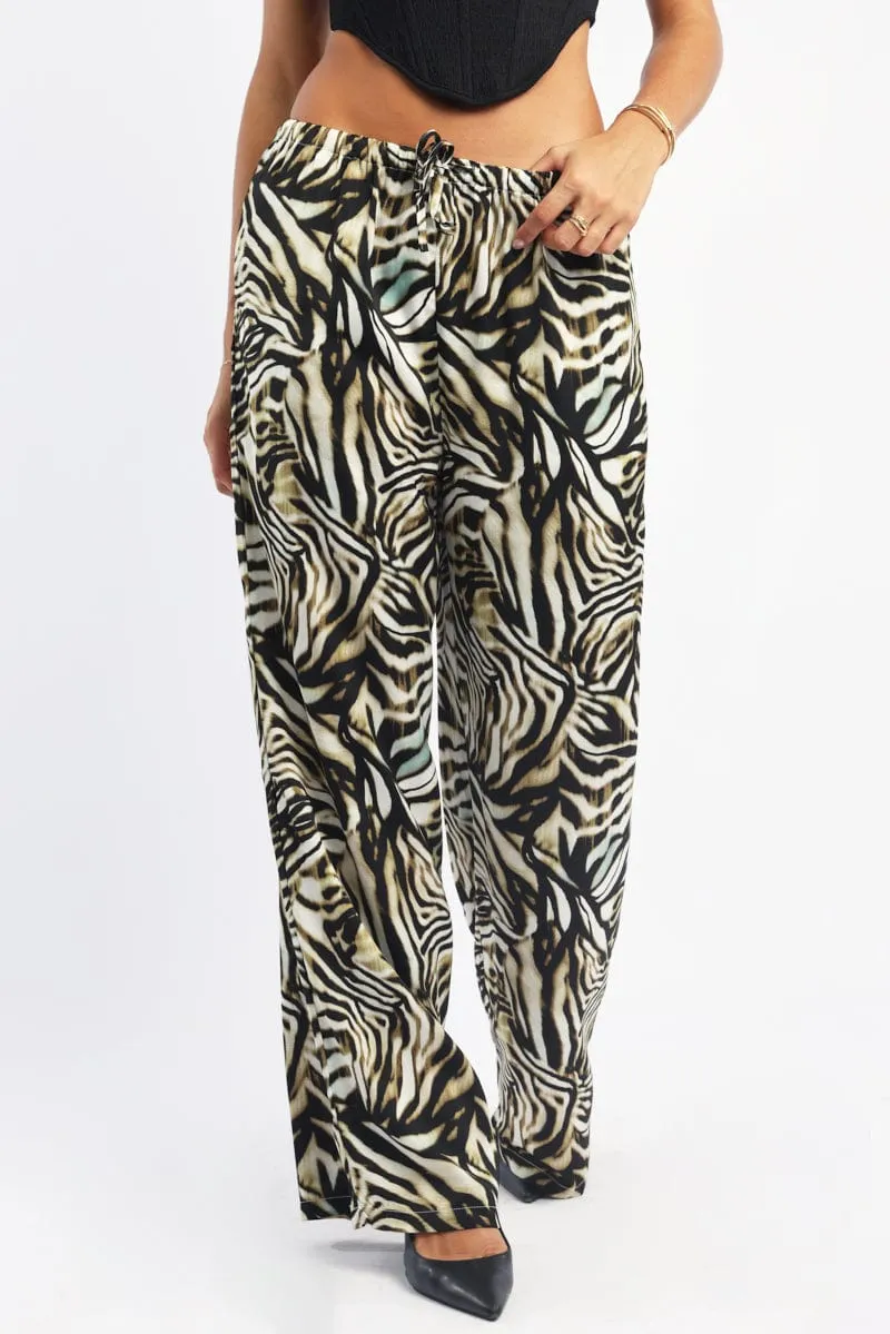 Black Animal Print Wide Leg Pants High Rise Basic Style smooth zipper