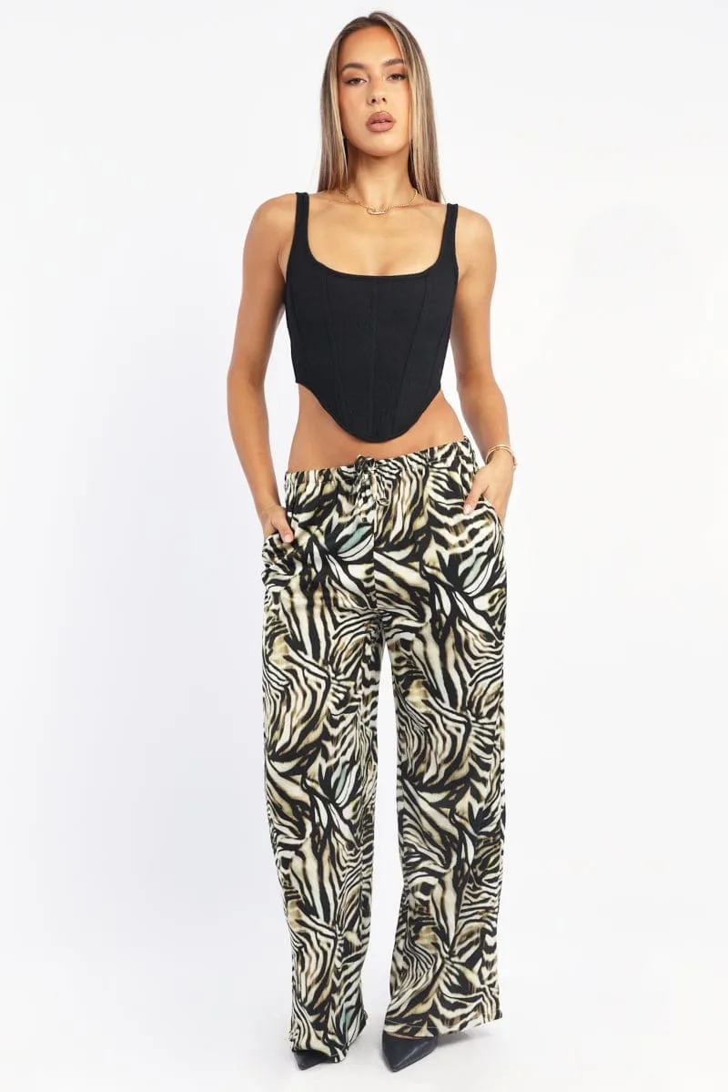 Low Profile Black Animal Print Wide Leg Pants High Rise