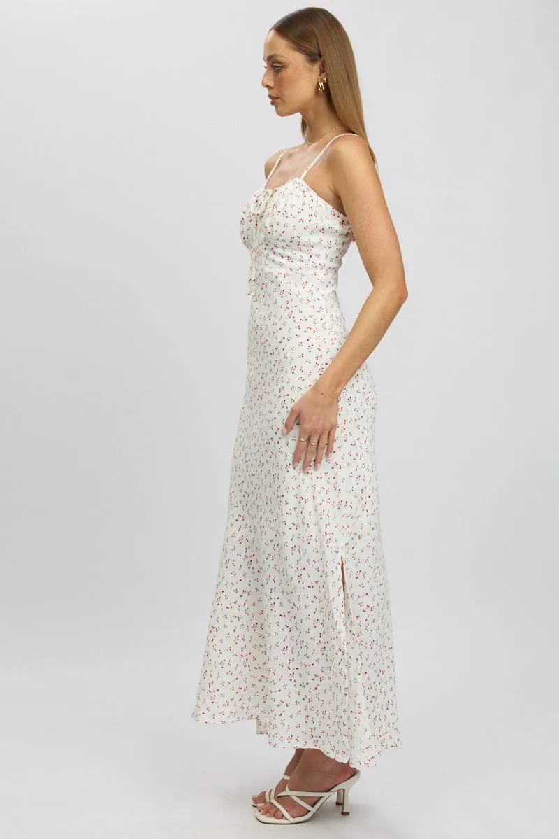 White Ditsy Midi Dress Gathering Bust Sleeveless Fresh Air