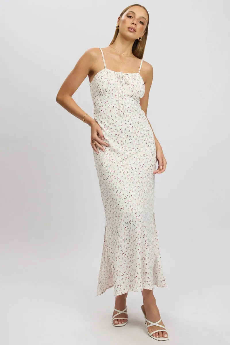 White Ditsy Midi Dress Gathering Bust Sleeveless Versatile Design