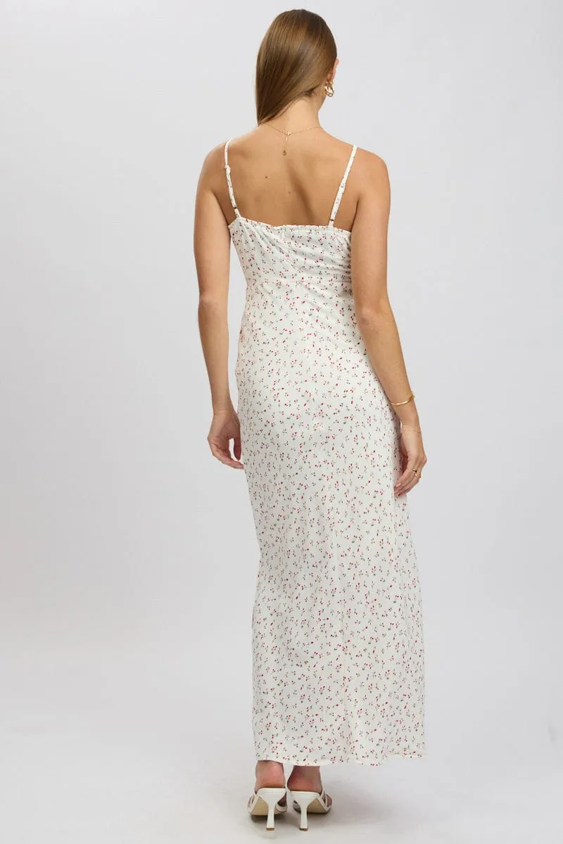White Ditsy Midi Dress Gathering Bust Sleeveless Flattering midi silhouette