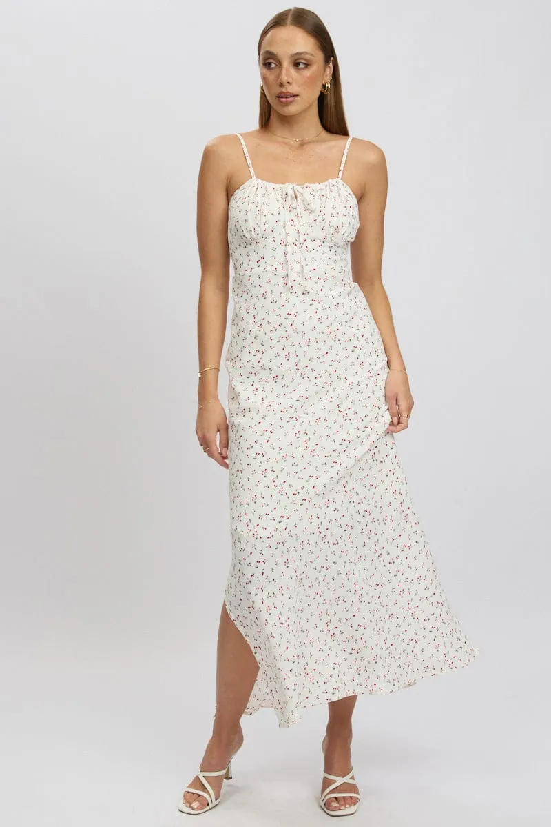 Relaxed Comfort Harbor Dock White Ditsy Midi Dress Gathering Bust Sleeveless