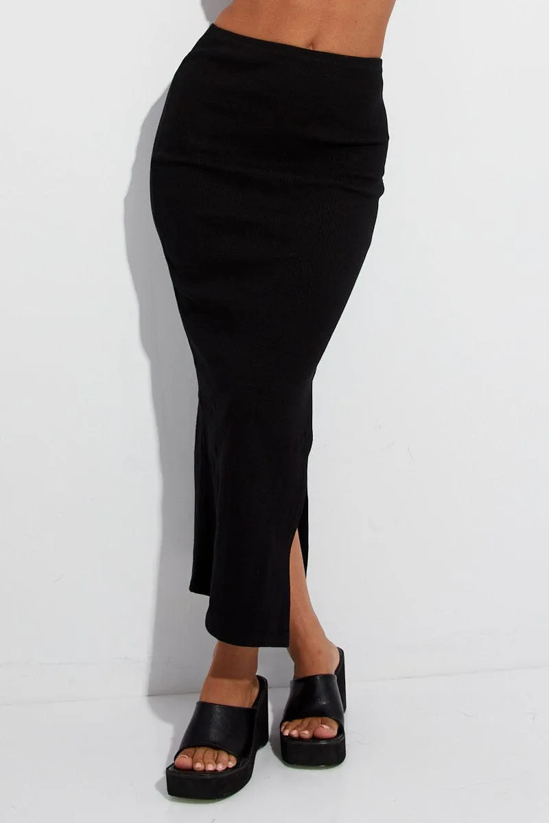 Sustainable Cruise Attire Black Maxi Skirt Mid Rise Rib Jersey