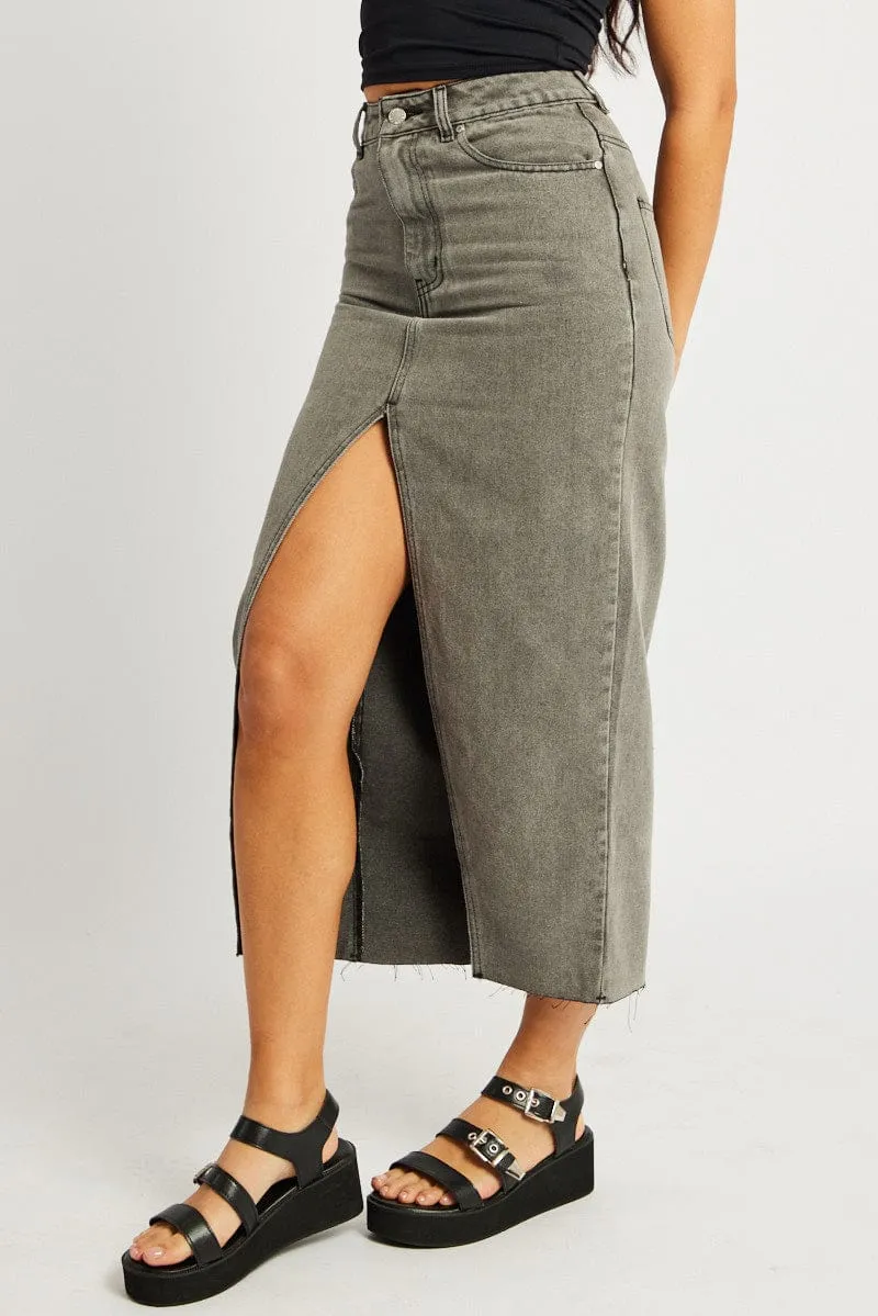 Grey Maxi Skirt High Rise Front Split Gathered waist