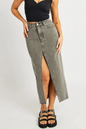 Breezy Style Easy Comfort Grey Maxi Skirt High Rise Front Split