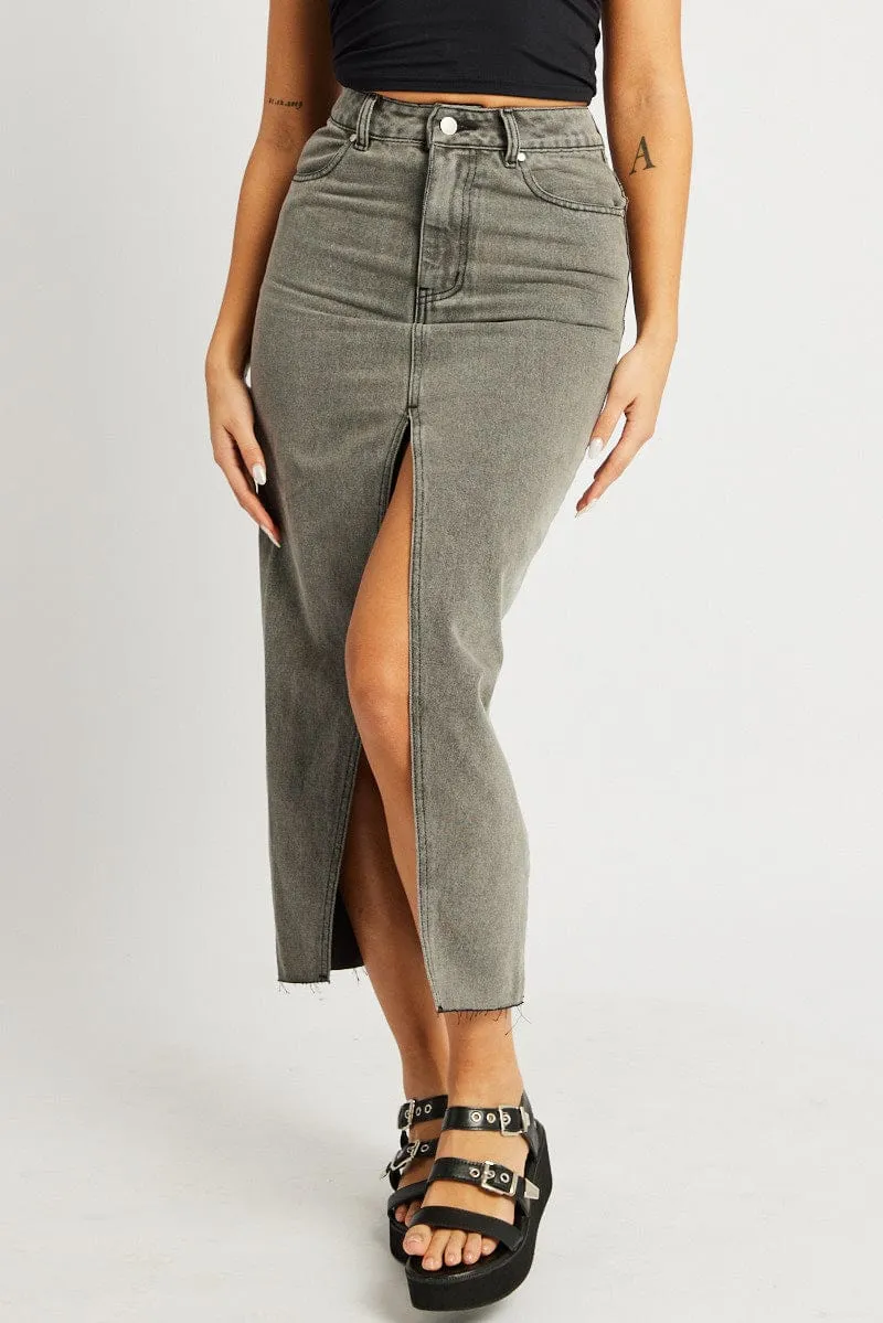 Side Pockets Statement Color Grey Maxi Skirt High Rise Front Split