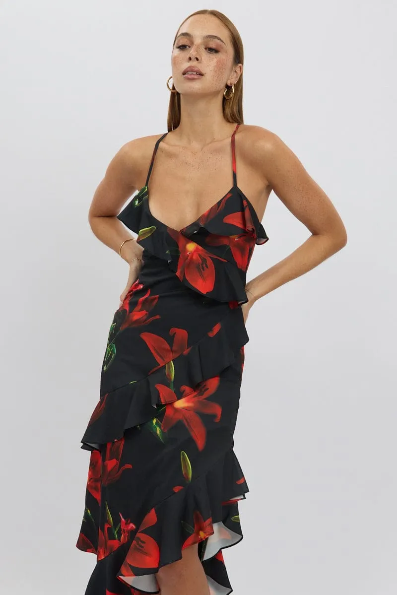 Sleek And Stylish Black Floral Midi Dress Ruffle Detail