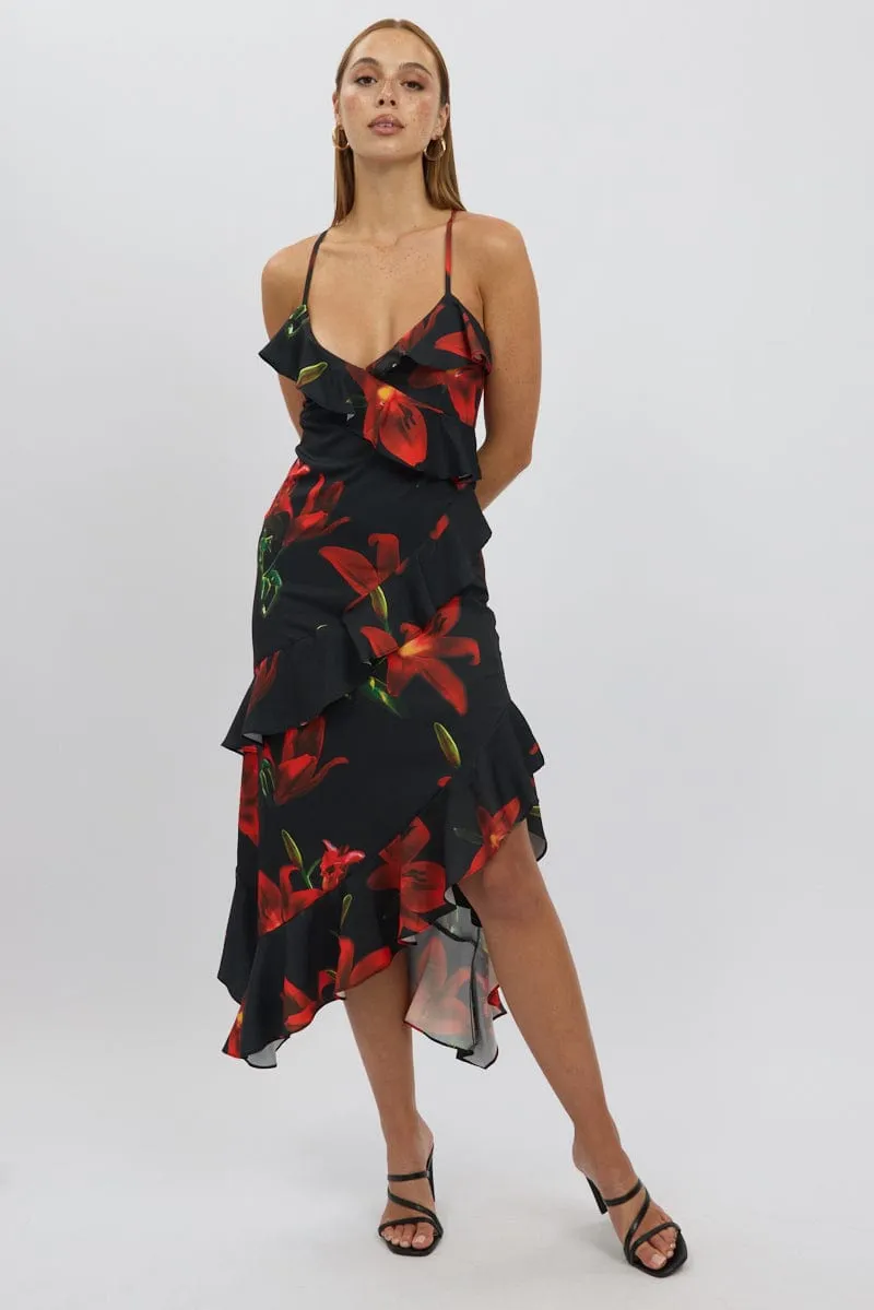 Black Floral Midi Dress Ruffle Detail Copper Glow Sand Step