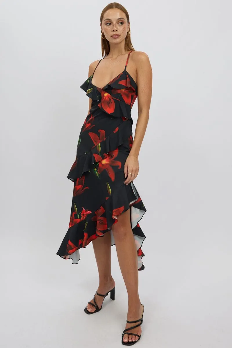 Black Floral Midi Dress Ruffle Detail Gold Hour Sophisticated Fit