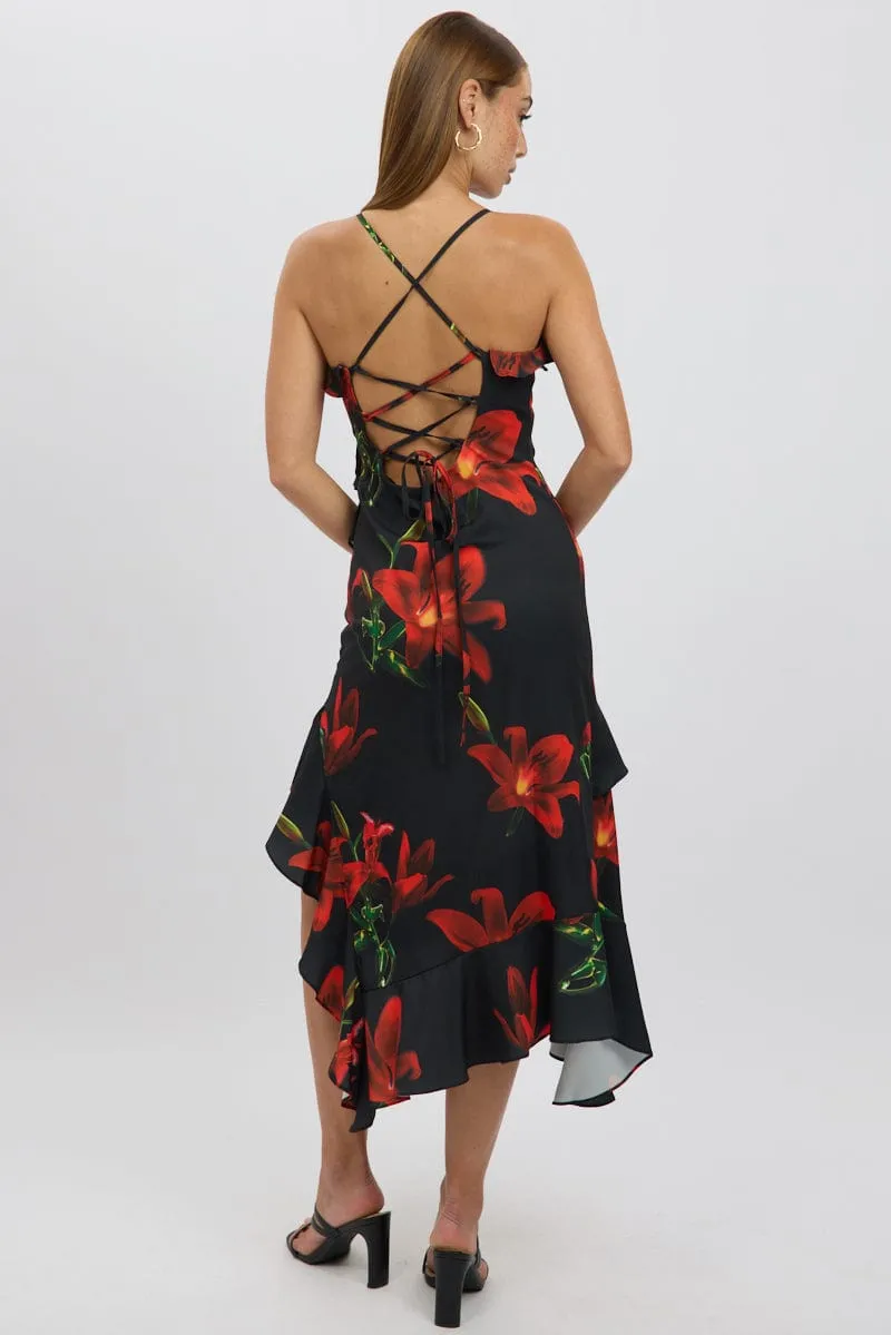 Feast Table Black Floral Midi Dress Ruffle Detail