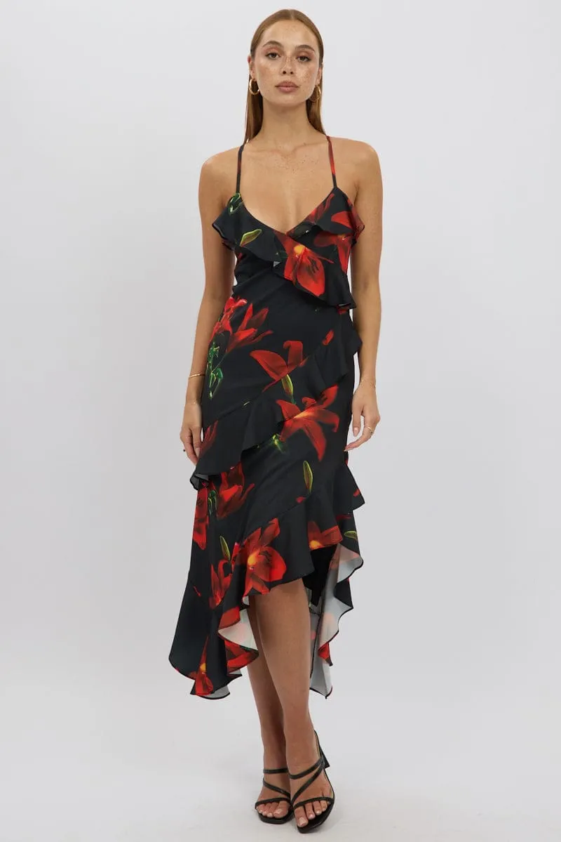 Black Floral Midi Dress Ruffle Detail Day to Night Design Street Chic